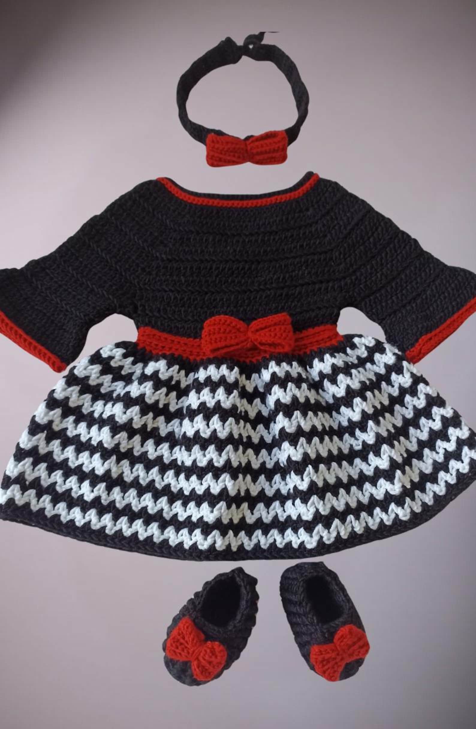 Handmade Crochet Baby Dress Set – Black, Red & White | Soft Cotton Infant Outfit