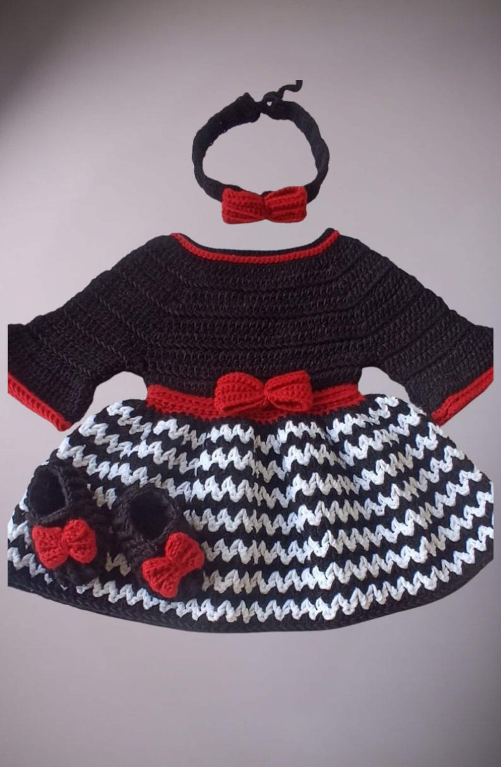 Handmade Crochet Baby Dress Set – Black, Red & White | Soft Cotton Infant Outfit