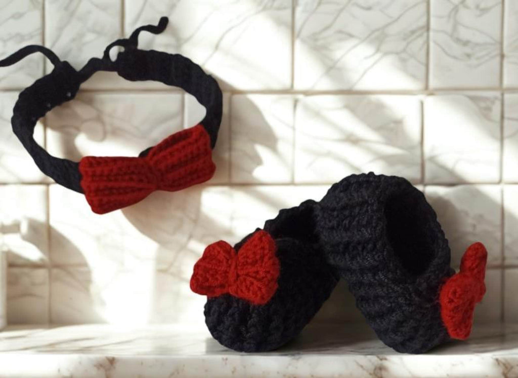 Handmade Crochet Baby Dress Set – Black, Red & White | Soft Cotton Infant Outfit