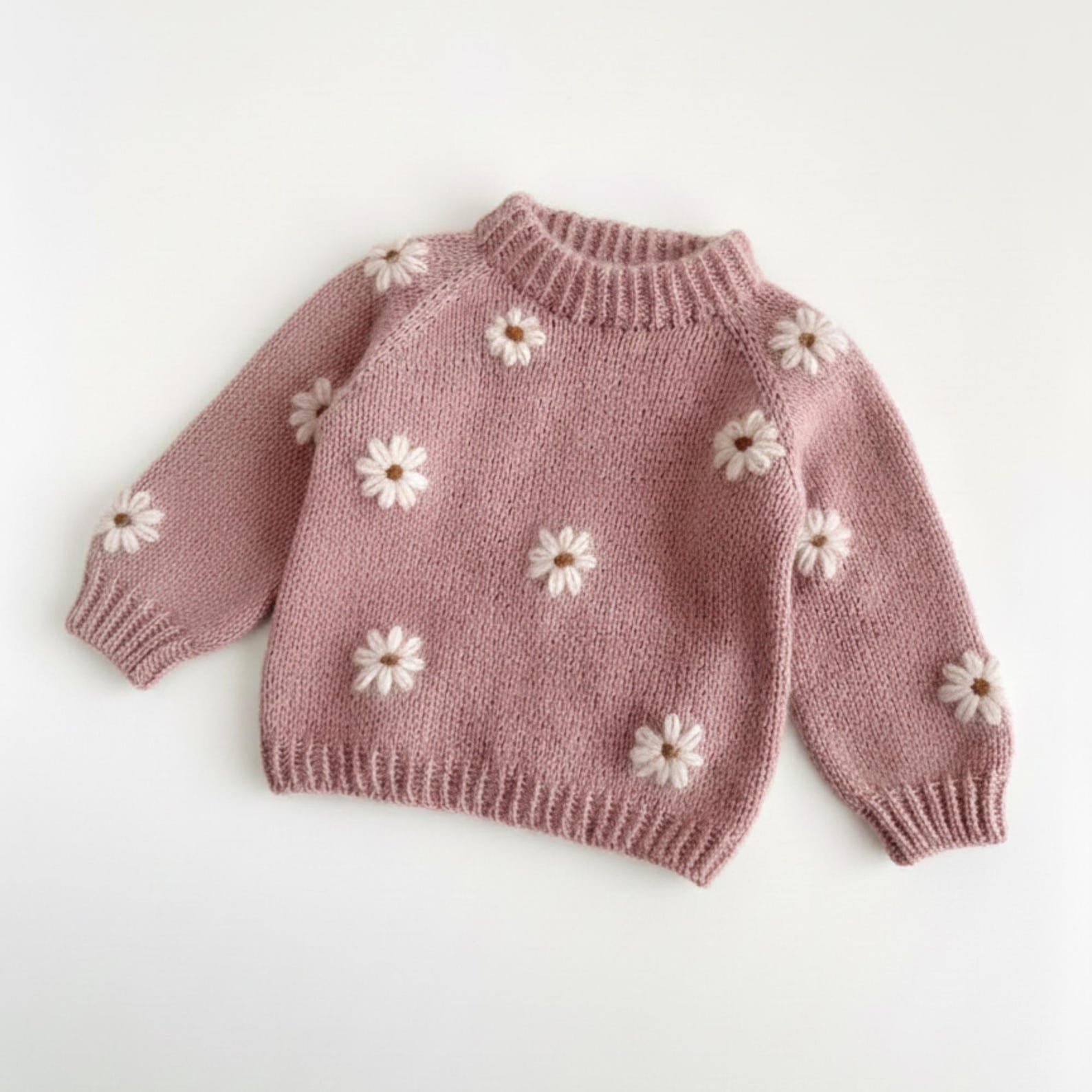 ElvaBaby Hand-Knit Cottagecore Baby Sweater – Daisy Embroidery | Floral Toddler Jumper, Boho Pullover