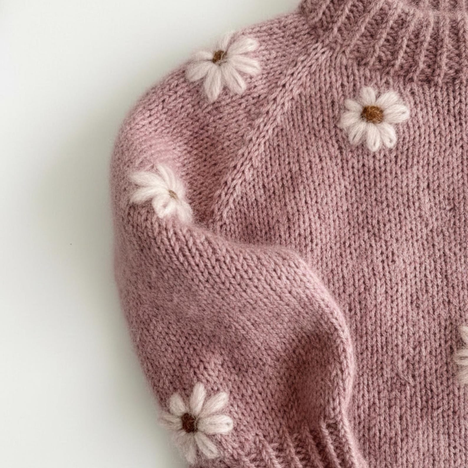 ElvaBaby Hand-Knit Cottagecore Baby Sweater – Daisy Embroidery | Floral Toddler Jumper, Boho Pullover