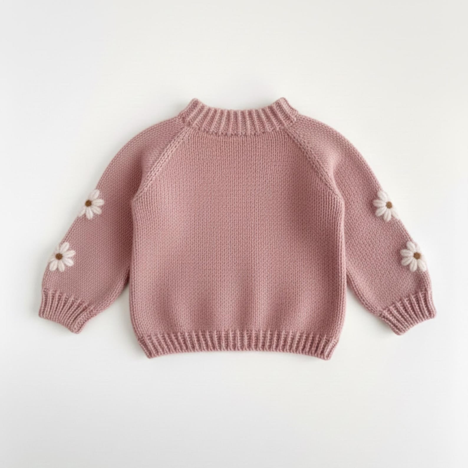 ElvaBaby Hand-Knit Cottagecore Baby Sweater – Daisy Embroidery | Floral Toddler Jumper, Boho Pullover
