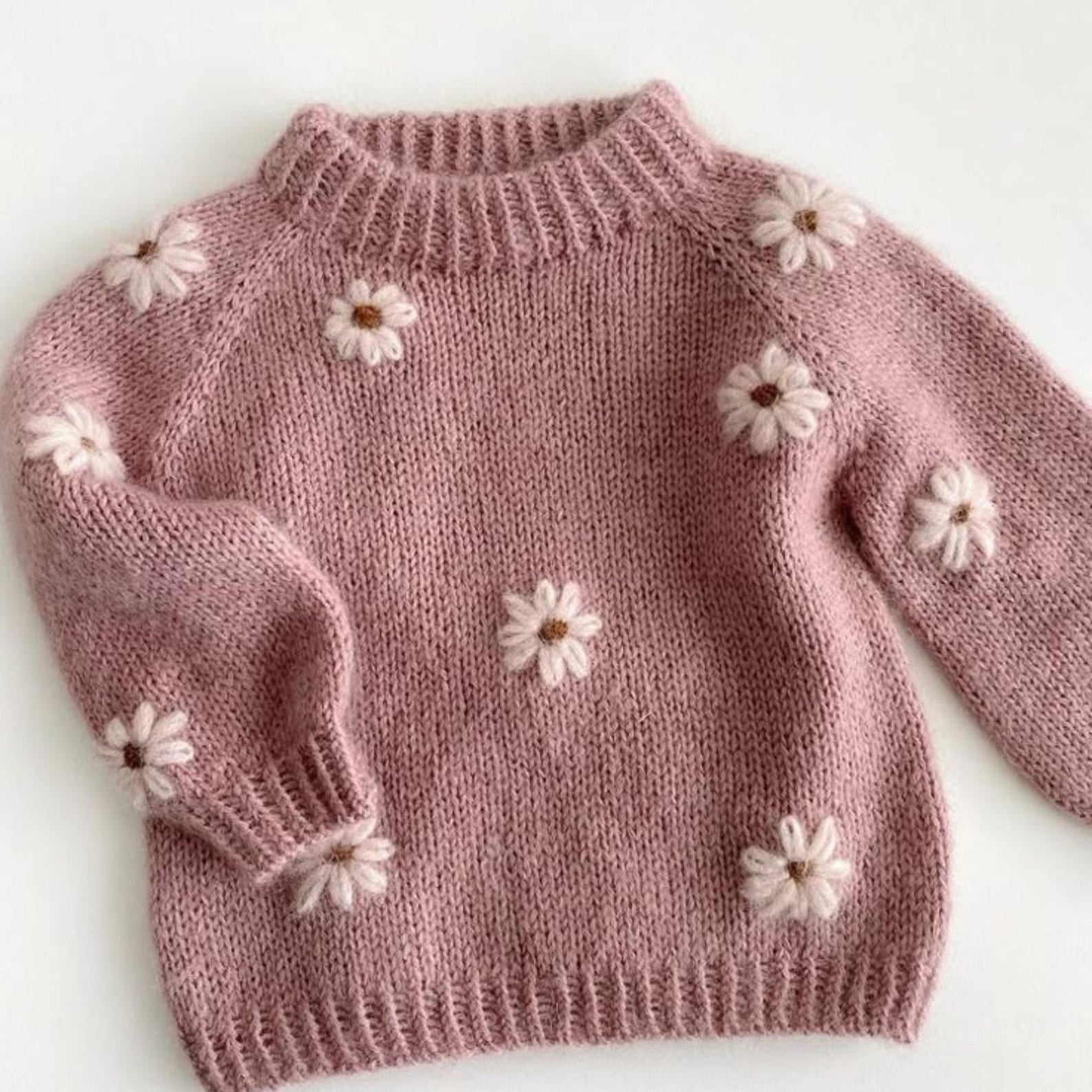 ElvaBaby Hand-Knit Cottagecore Baby Sweater – Daisy Embroidery | Floral Toddler Jumper, Boho Pullover