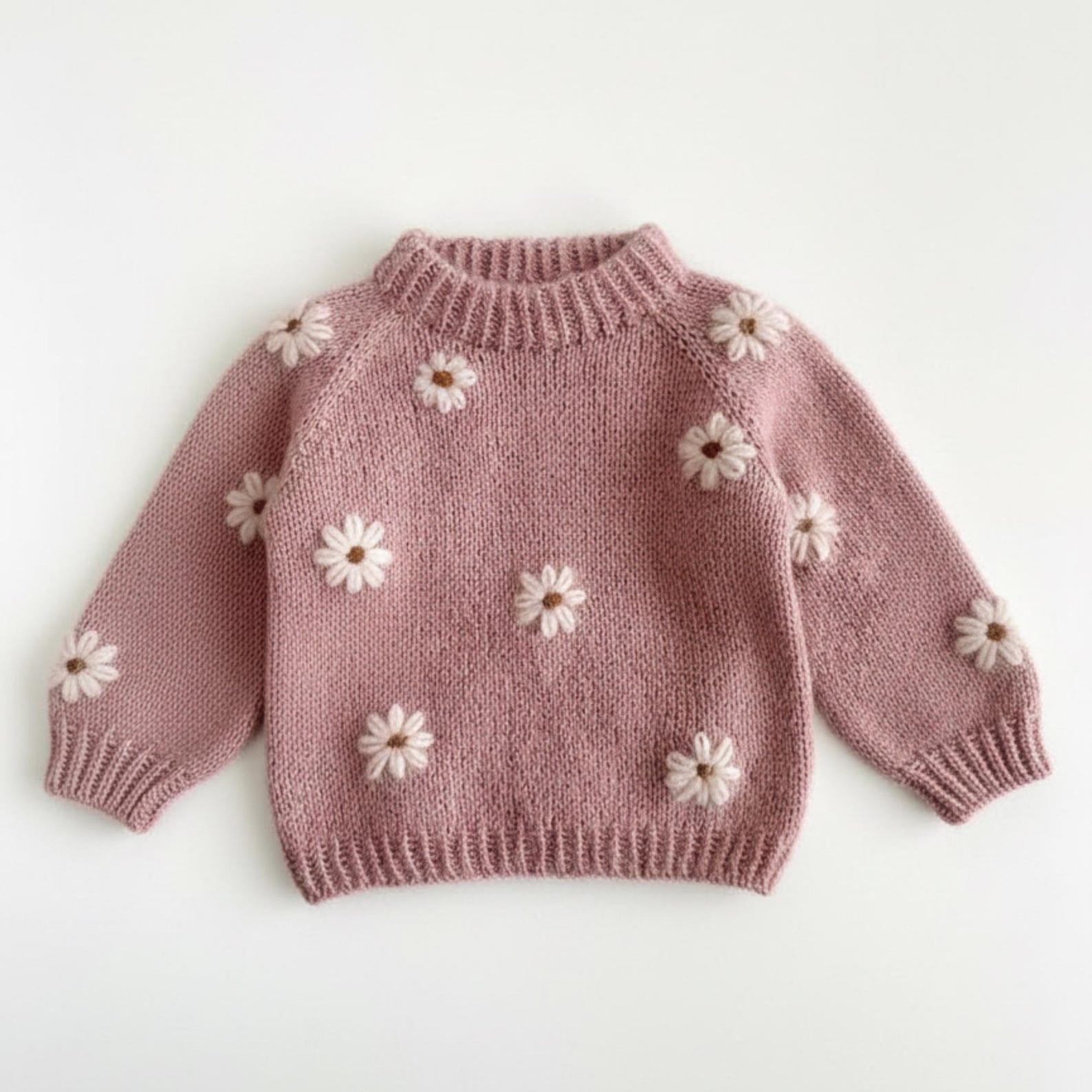 ElvaBaby Hand-Knit Cottagecore Baby Sweater – Daisy Embroidery | Floral Toddler Jumper, Boho Pullover