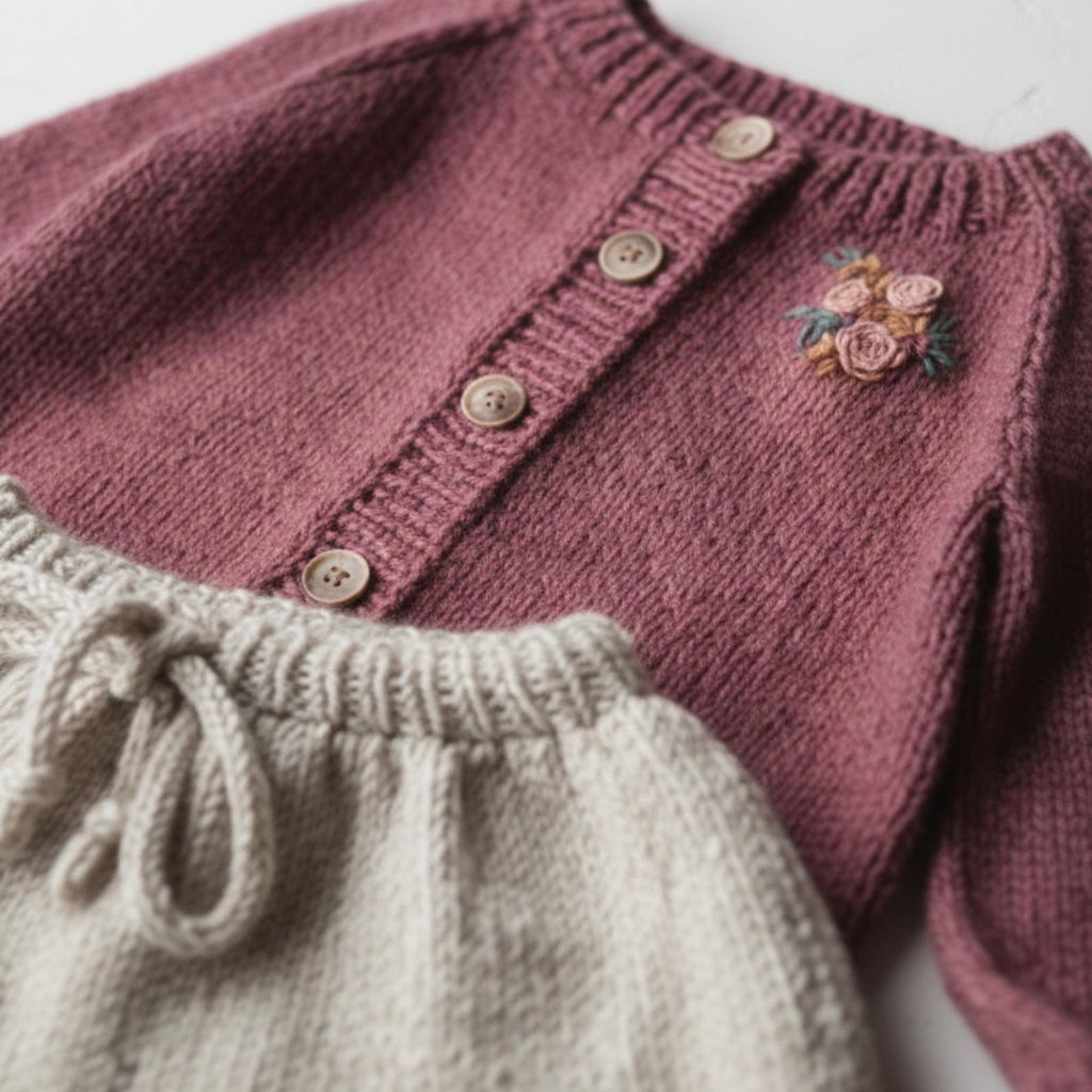 Hand Knit Baby Girl Cardigan and Skirt Set - Boho Newborn - Mauve Toddler Knitwear - Handmade Baby Shower Gift - Soft Wool Infant Outfit
