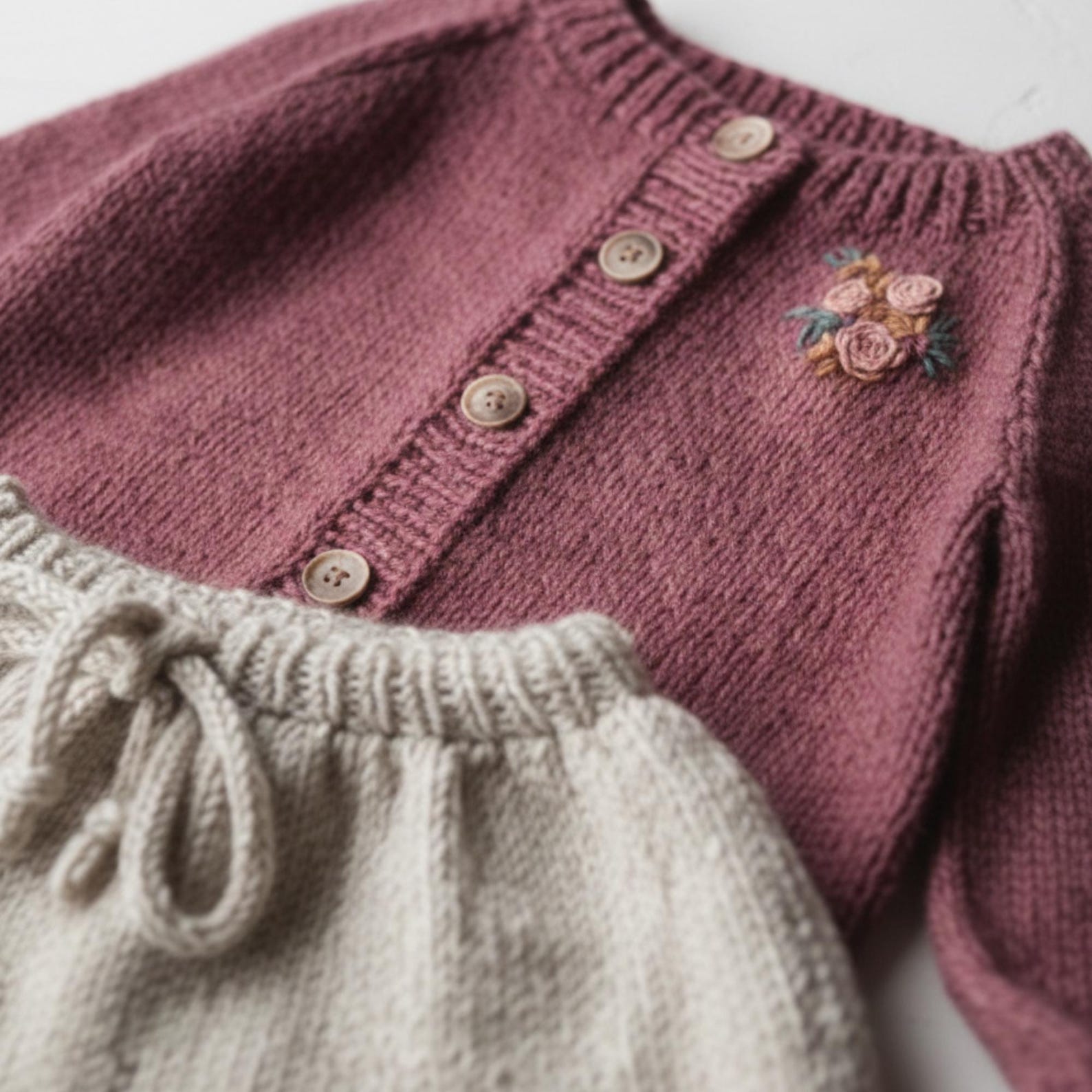 Hand Knit Baby Girl Cardigan and Skirt Set - Boho Newborn - Mauve Toddler Knitwear - Handmade Baby Shower Gift - Soft Wool Infant Outfit