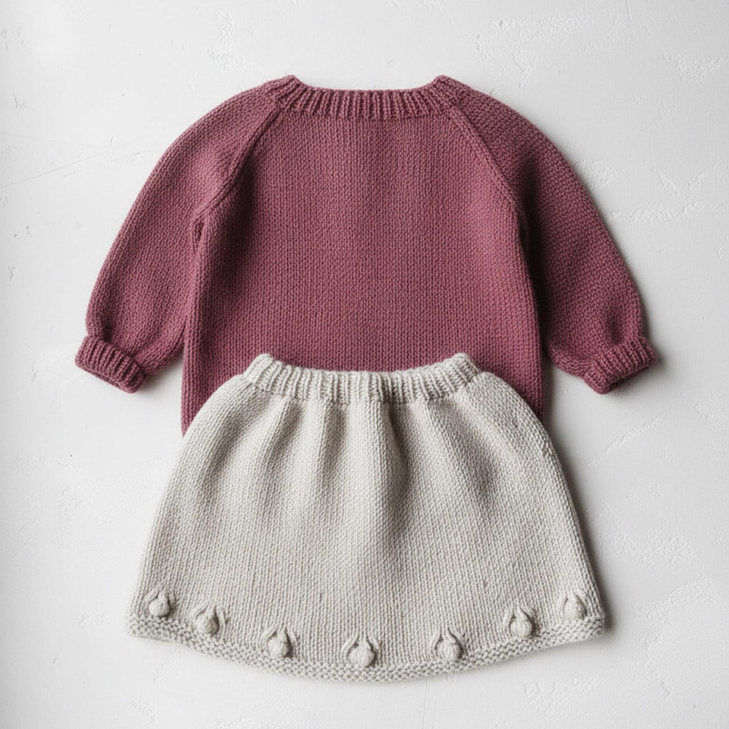 Hand Knit Baby Girl Cardigan and Skirt Set - Boho Newborn - Mauve Toddler Knitwear - Handmade Baby Shower Gift - Soft Wool Infant Outfit