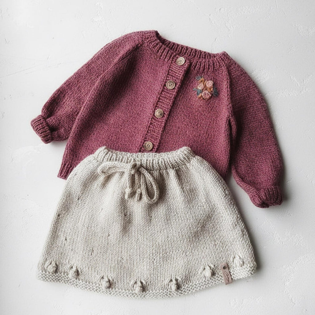 Hand Knit Baby Girl Cardigan and Skirt Set - Boho Newborn - Mauve Toddler Knitwear - Handmade Baby Shower Gift - Soft Wool Infant Outfit