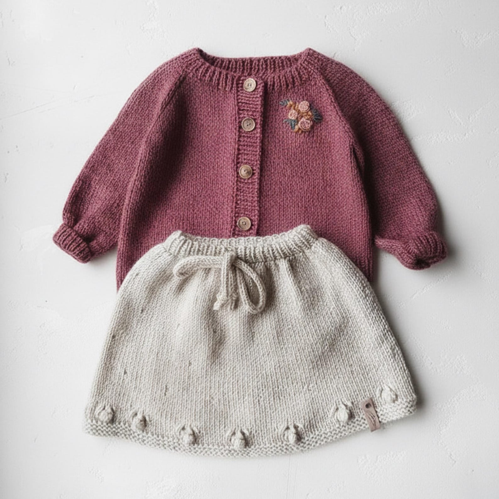 Hand Knit Baby Girl Cardigan and Skirt Set - Boho Newborn - Mauve Toddler Knitwear - Handmade Baby Shower Gift - Soft Wool Infant Outfit